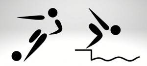 Symboliczne postacie przedstawiające sylwetki sportowców uprawiających pływanie i piłkę nożną.