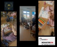 Na zdjęciach przedstawieni są uczniowie wykonujący karty pracy oraz papierowe gołębie. 