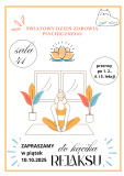 plakat promujący kącik relaksu na przerwach w sali 41 podczas Światowego Dnia Zdrowia Psychicznego
