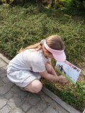 Na zdjęciu widać Uczennicę przebywającą wśród przyszkolnej zieleni. Dziewczynka kuca i wbija w ziemię mały, zamontowany na patyku plakat, który przedstawia kolorowy rysunek dotyczący ochrony środowiska oraz napis związany ze sprzątaniem po psie.
