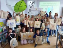 zdjęcie grupowe - klasa 3c z prowadzącą warsztaty oraz nauczycielką bibliotekarką pozuje do wspólnego zdjęcia, w rękach prezentują pokolorowane torby bawełniane, w tle baner z napisem „Bądźmy eko z biblioteką”