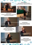 Zdjęcia 5 osób: czterech kobiet i jednego mężczyzny przemawiających do mikrofonu z mównicy. W tle, za nimi scena plakaty z kolorowymi napisami i fragment prezentacji multimedialnej.