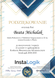 Podziękowanie w kolorach złoto-niebieskichza zmotywowanie uczniów do udziału w konkursie Instalogik dla Beaty Michalak