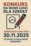 Plakat konkursu na nowe logo szkoły - napis na beżowym tle z grafiką ołówka rysującego głowę ucznia w ramce