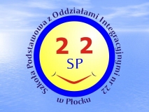 Logo szkoły w kształcie  żółtego koła z niebieską obwolutą, w środku cyfry 22 oraz znak przedstawiający uśmiech.