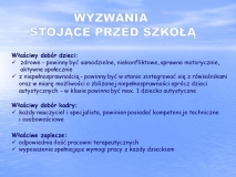 Na niebieskim tle napis  wymagań dotyczących integracji np.  właściwy dobór dzieci, kadry, zaplecze lokalowe.