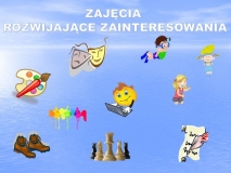 Na niebieskim tle umieszczone rysunki przedstawiające  różne koła zainteresowań np. farby i pędzel, maski teatralne.