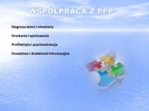 Na niebieskim tle napis dotyczący form współpracy szkoły z Poradnią Psychologiczno - Pedagogiczną np. diagnoza,, profilaktyka.
