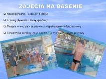 Na niebieskim tle umieszczone informacje dotyczące udziału dzieci  w zajęciach basenowych orz zdjęcia przedstawiające zajęcia na basenie.