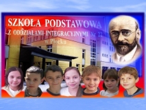 Zdjęcie z wizerunkiem Janusza Korczaka  oraz grupą uczniów oraz napisem Szkoła Podstawowa z Oddziałami Integracyjnymi nr 22 w Płocku.