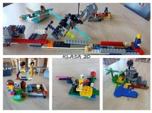 Kolaż z pięciu zdjęć – każde przedstawia przygotowaną przez uczniów konstrukcję z klocków LEGO.