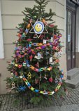 Na zdjęciu widać udekorowaną choinkę ustawioną na chodniku. Wiszą na niej kolorowe, ręcznie wykonane, ozdoby z patyczków do lodów i szyszek oraz papierowy łańcuch. 