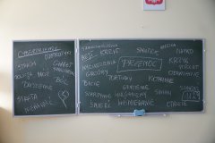 Sala lekcyjna. Zdjęcie przedstawia zebrane przez uczniów na szkolnej tablicy przykłady form przemocy.