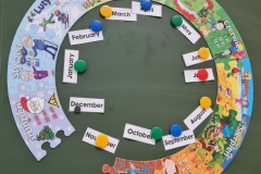 Ułożony z puzzli w kształcie koła obrazek przedstawiający nazwy miesięcy w j. polskim, w środku koła napisy w języku angielskim.