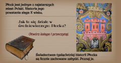 Ilustracja przedstawiająca starą księgę oraz herb Płocka zachęcająca do poznania historii miasta. 