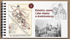 Ilustracja przedstawiająca stare ryciny oraz plany Katedry, zamku, planu miasta. 