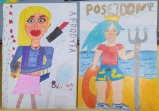 Bogowie olimpijscy przedstawieni na plakacie wykonanym przez uczniów klasy szóstej w ramach projektu Wśród greckich bogów i herosów.