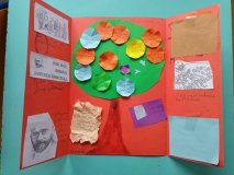 otwarty pomarańczowy lapbook z kolorowymi wklejkami i dużą ilością informacji