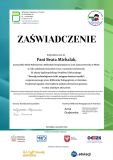 Zaświadczenie dla pani  Beaty Michalak za  zrealizowanie  III edycji Ogólnopolskiego Projektu Edukacyjnego „Poznaję technologiczne triki, osiągam świetne wyniki” z logiem projektu i podpisami na seledynowym tle.