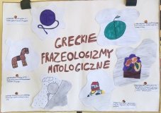Rebusy, krzyżówki i plakaty obrazujące związki frazeologiczne związane z „Biblią” i mitologią grecką.