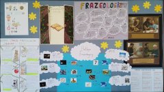 Rebusy, krzyżówki i plakaty obrazujące związki frazeologiczne związane z „Biblią” i mitologią grecką.