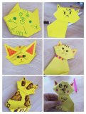 Kolaż sześciu zdjęć figurek origami – żółtych papierowych kotków.