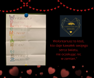 Na zdjęciu znajduje się plakat z napisem wolontariat w formie akrostychu– na każdą literę zapisane są inne wyrazy opisujące wolontariusza – wyrozumiały, odważny, lubiący pomagać, otwarty na innych, niezawodny, troskliwy, aktywny, rozsądny, inspirujący, uprzejmy, solidarny, zaangażowany.