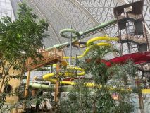 Widok wnętrza Tropical Islands – palmy,  zjeżdżalnie.