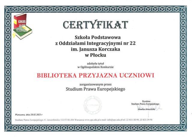 Certyfikat „Biblioteka Przyjazna Uczniowi” wydany przez Studium Prawa Europejskiego w Warszawie