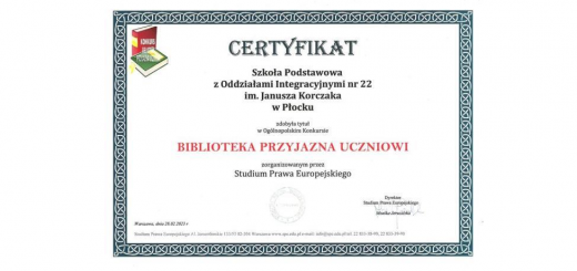 Certyfikat „Biblioteka Przyjazna Uczniowi” wydany przez Studium Prawa Europejskiego w Warszawie