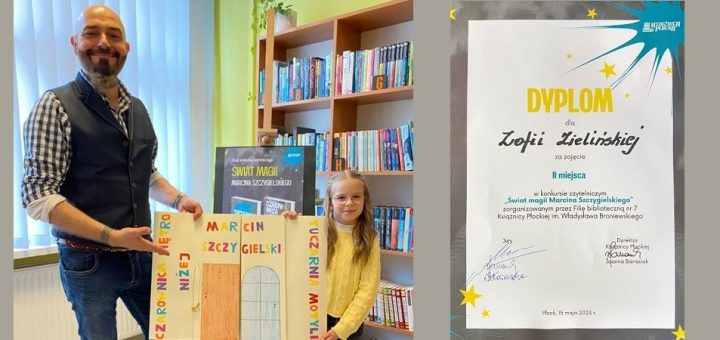 Zosia Zielińska z panem Marcinem Szczygielskim pokazują przygotowany prze Zosię lapbook.