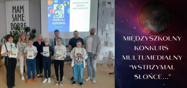Grupa laureatów wraz z organizatorami Międzyszkolnego Konkursu Multimedialnego prezentująca nagrody i dyplomy.
