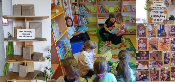 Wnętrze biblioteki szkolnej, dzieci czytające książki, wystawa konkursowa zdjęć oraz nie oceniaj książki po okładce.