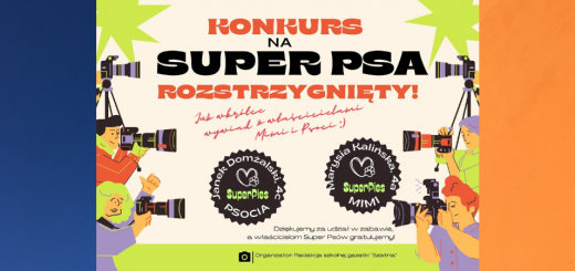 Plakat z napisem „Konkurs na Super Psa rozstrzygnięty!”