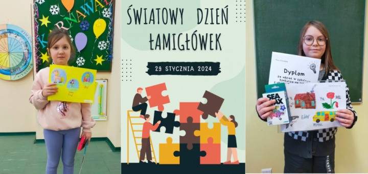 Plakat przedstawiający osoby układające puzzle oraz zdjęcia laureatów konkursu.