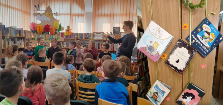 Pisarz podczas spotkania z czytelnikami, wystawa książek.