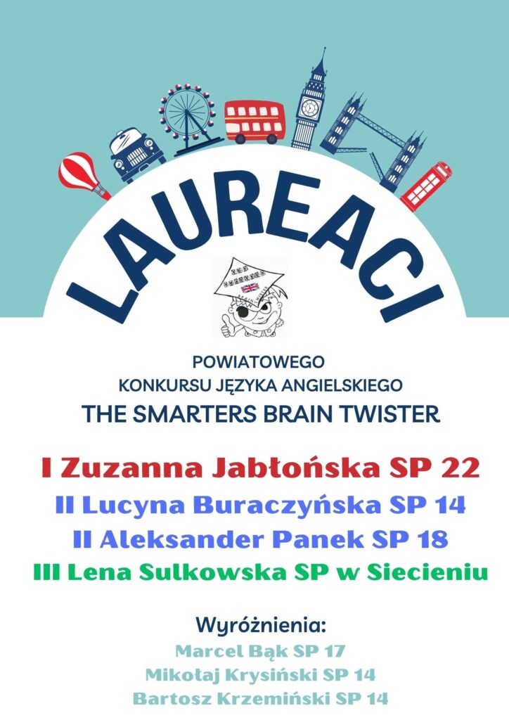 Nazwiska laureatów konkursu języka angielskiego w klasach 1-3, w tle ilustracja przedstawiająca rysunki autobusu, auta, budynków.