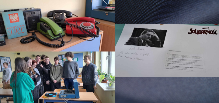 Wystawa eksponatów z czasów PRL np. stare telefony, adapter oraz plakat wykonany przez uczniów z wizerunkiem Lecha Wałęsy.