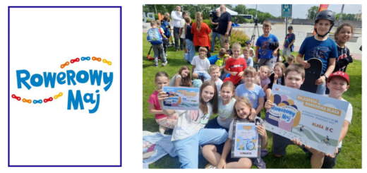 Grupa uczniów prezentująca nagrodę w akcji Rowerowy Maj.