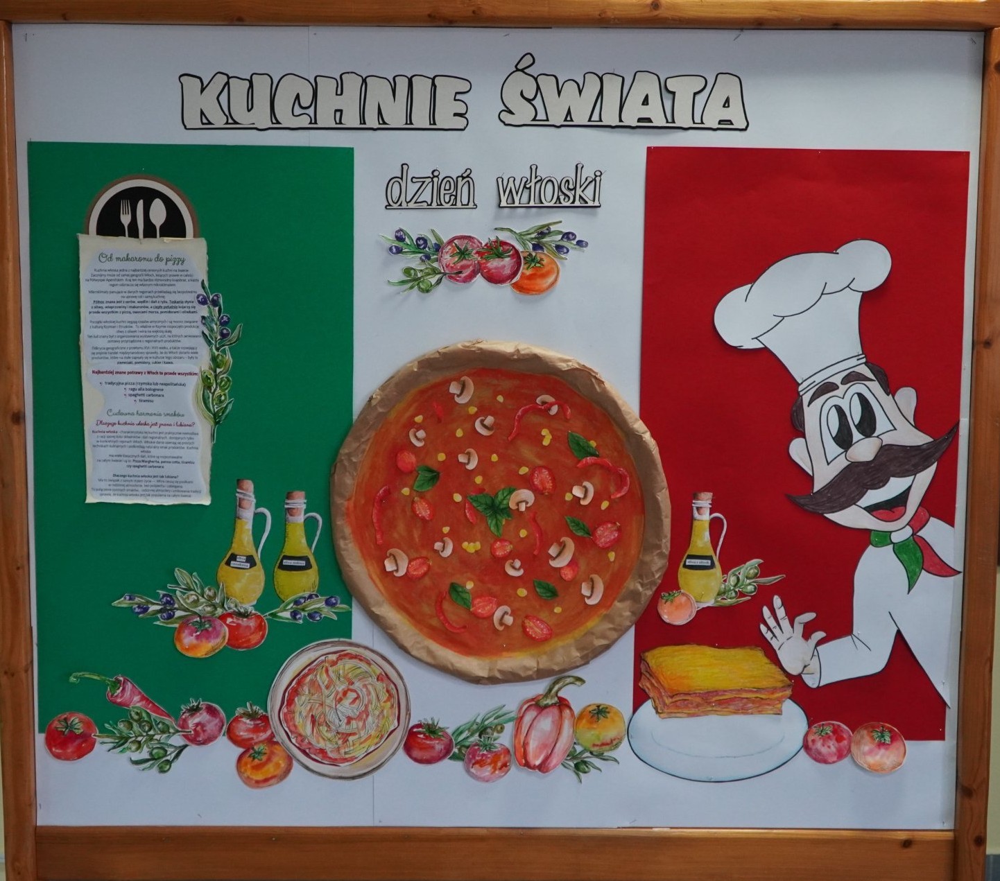 Dekoracja tablicy przedstawia postać kucharza, namalowane farbkami potrawy włoskie, a całość ozdabiają wycinane pomidory, oliwki, papryczki.