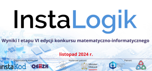 Konkurs Instalogik – wyniki pierwszego etapu VI edycja konkursu matematyczno-informatycznego na niebieskim tle. Na dole baneru znajdują się loga organizatorów oraz patronów konkursu.