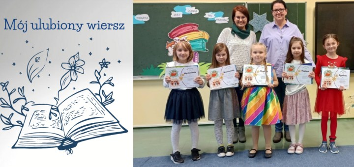Rysunek otwartej książki nad którą jest napis Mój ulubiony wiersz, obok grupa uczniów - laureatów konkursu recytatorskiego.