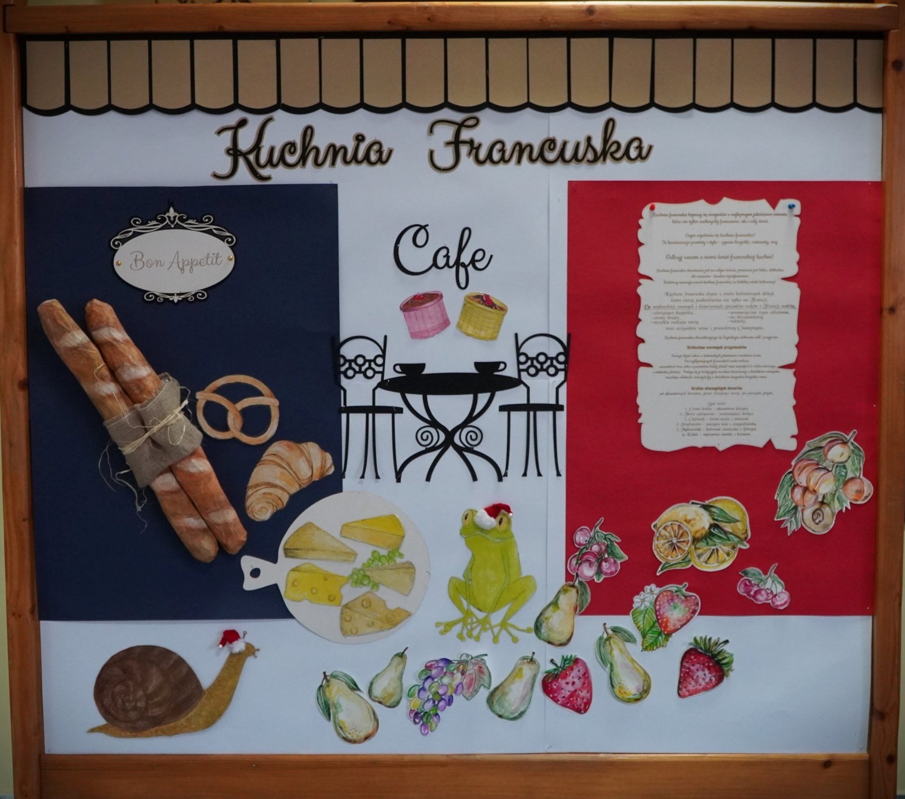 Tablica zawierająca najważniejsze informacje o specjałach kuchni francuskiej.