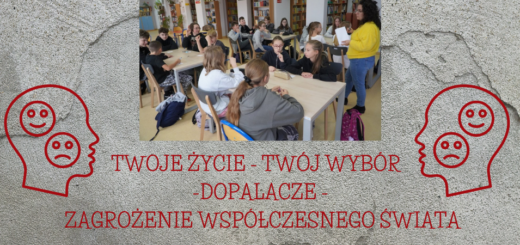 Grupa uczniów uczestnicząca w zajęciach profilaktycznych. Napis Twoje życie - Twój wybór - dopalacze - zagrożenia współczesnego świata.