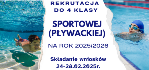 Zdjęcie uczniów pływających w basenie. Informacja o rekrutacji do klasy 4 sportowej o profilu pływackim.