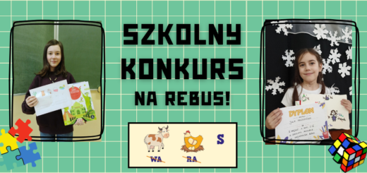 Obrazek na zielony tle z napisem szkolny konkurs na rebus. Po prawej i lewej stronie napisu znajdują się zdjęcia laureatów.