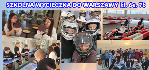 Zdjęcie przedstawia kolaż z wycieczki szkolnej do Warszawy klas 6e i 7b. Uczniowie biorą udział w różnych atrakcjach, takich jak jazda na gokartach, zwiedzanie muzeum, interaktywne zajęcia oraz warsztaty czekoladowe. Na jednym ze zdjęć grupa pozuje na tle panoramy miasta o zachodzie słońca. Wszyscy wyglądają na zadowolonych i pełnych energii.