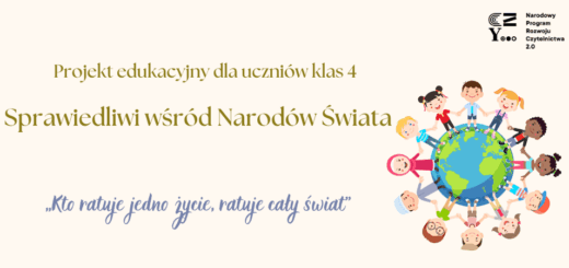 Napis Sprawiedliwi wśród narodów świata na kremowym tle. Po prawej grafika dzieci wokół ziemi