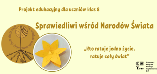 Napis sprawiedliwi wśród narodów świata na kremowym tle ze zdjęciem papierowego żonkila po lewej stronie