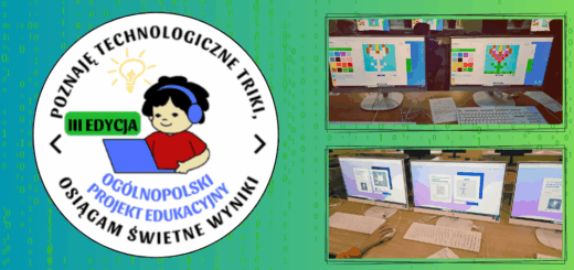 Logo projektu "Poznaję technologiczne triki, osiągam świetne wyniki" wraz z z dwoma zdjęciami przedstawiającymi prace projektowe uczniów na komputerach na zielonym tle.